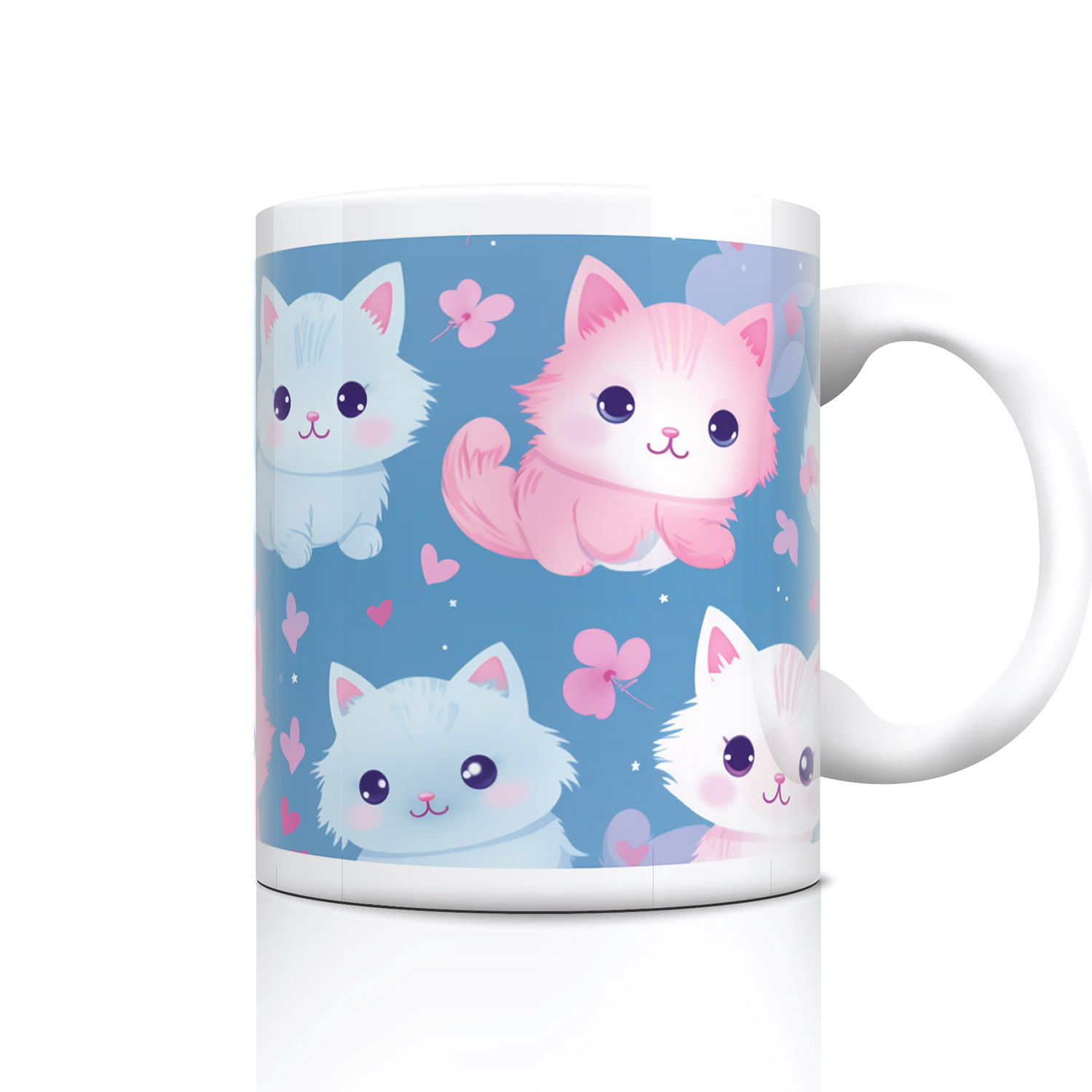 Charming Cat Hearts Mug - Cute Pink & Blue Ceramic Gift