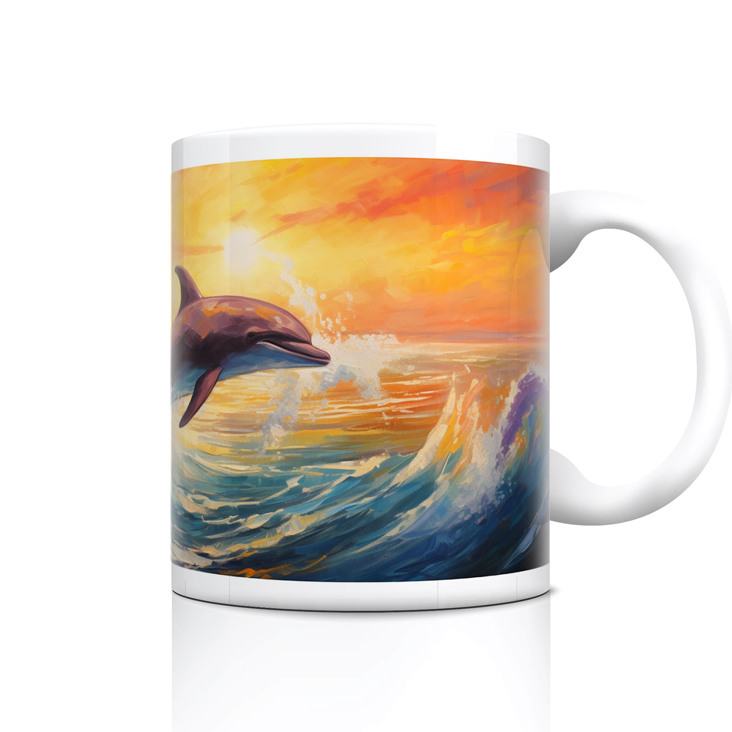 Dolphin Sunset Dreamscape Mug - 11oz Ceramic Gift for Ocean Lovers