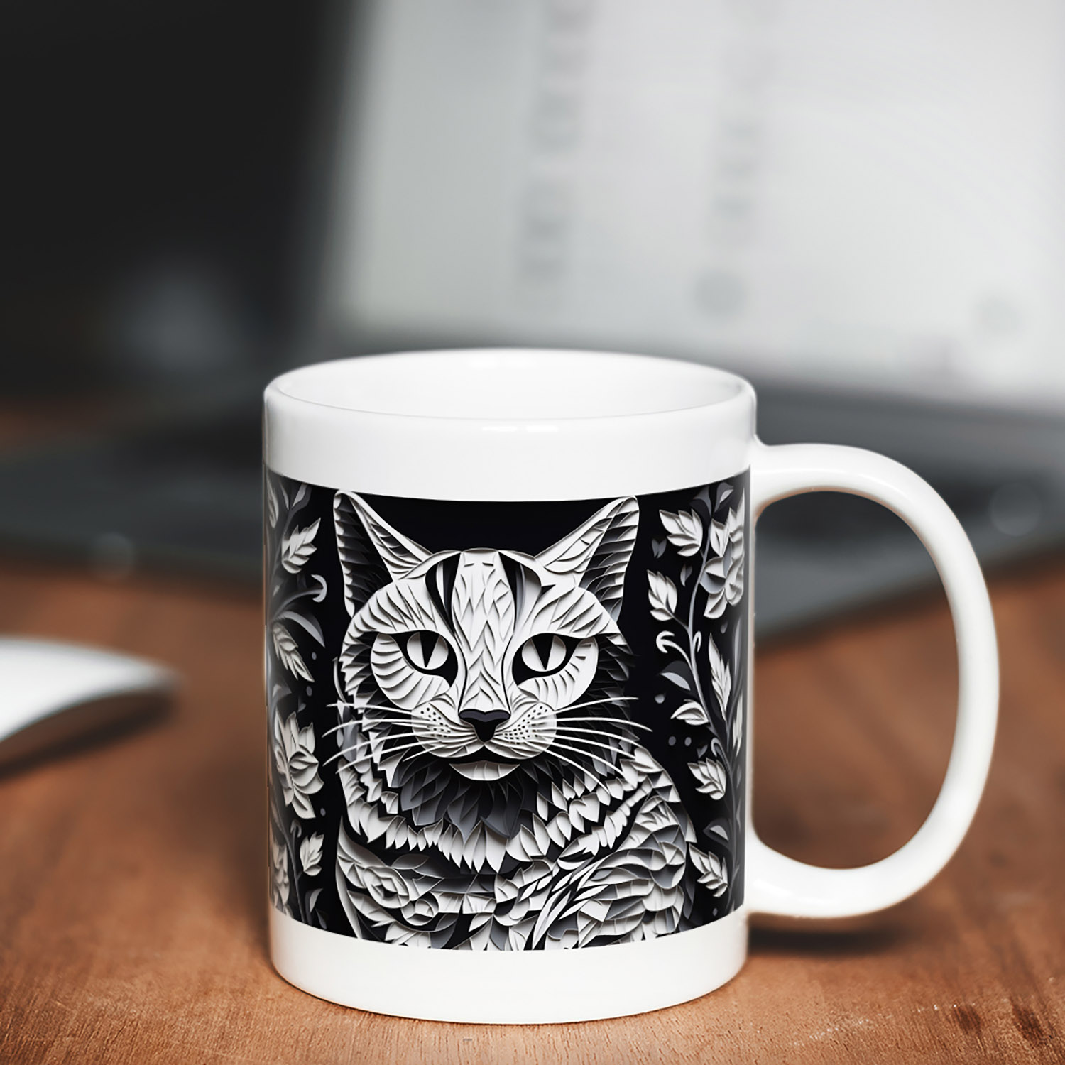 Monochrome Cat Mug - Elegant 11oz Ceramic for Cat Lovers