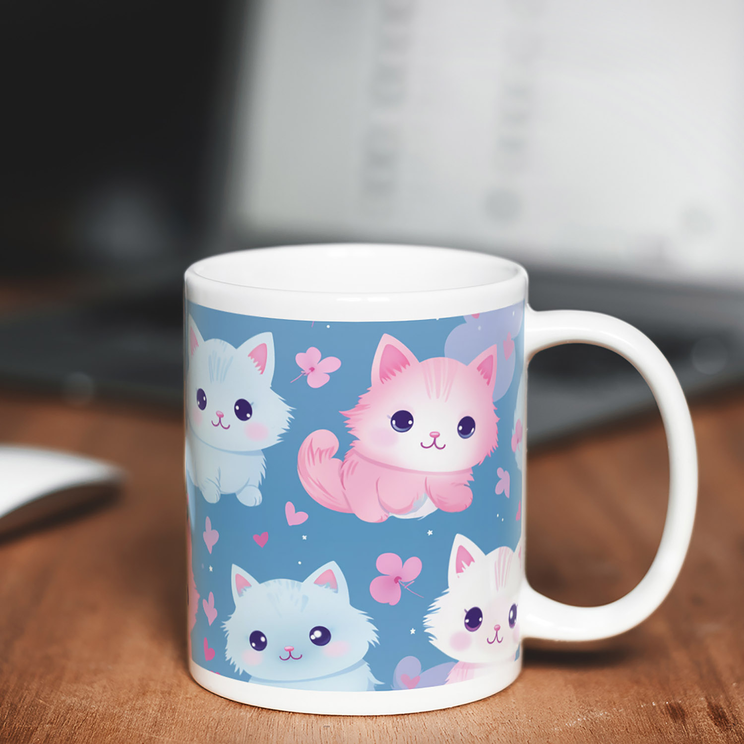 Charming Cat Hearts Mug - Cute Pink & Blue Ceramic Gift