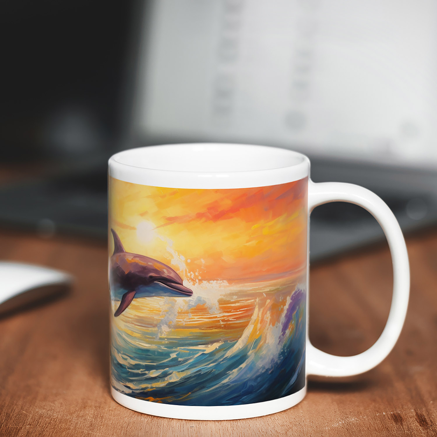 Dolphin Sunset Dreamscape Mug - 11oz Ceramic Gift for Ocean Lovers