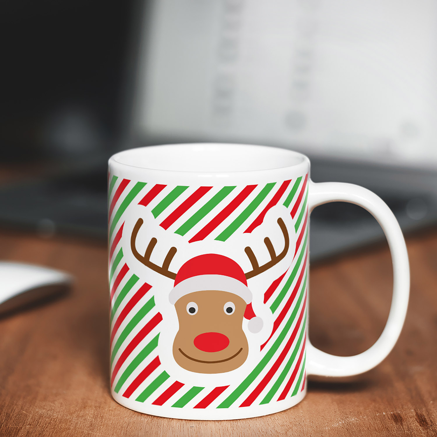 Festive Reindeer Mug - Green & Red Stripes for Holiday Cheer