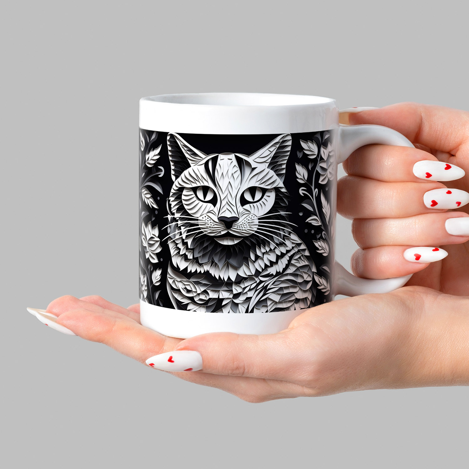 Monochrome Cat Mug - Elegant 11oz Ceramic for Cat Lovers