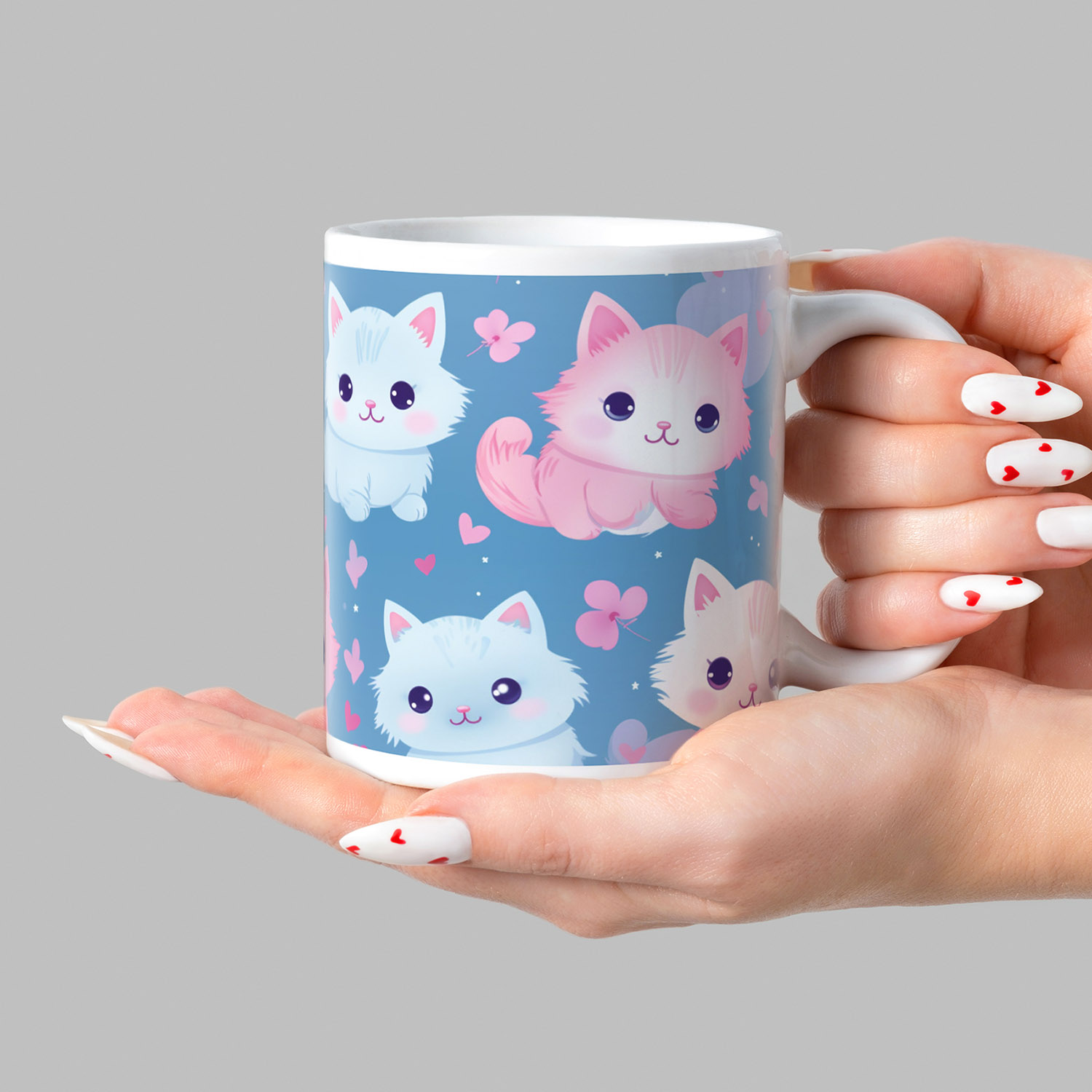 Charming Cat Hearts Mug - Cute Pink & Blue Ceramic Gift