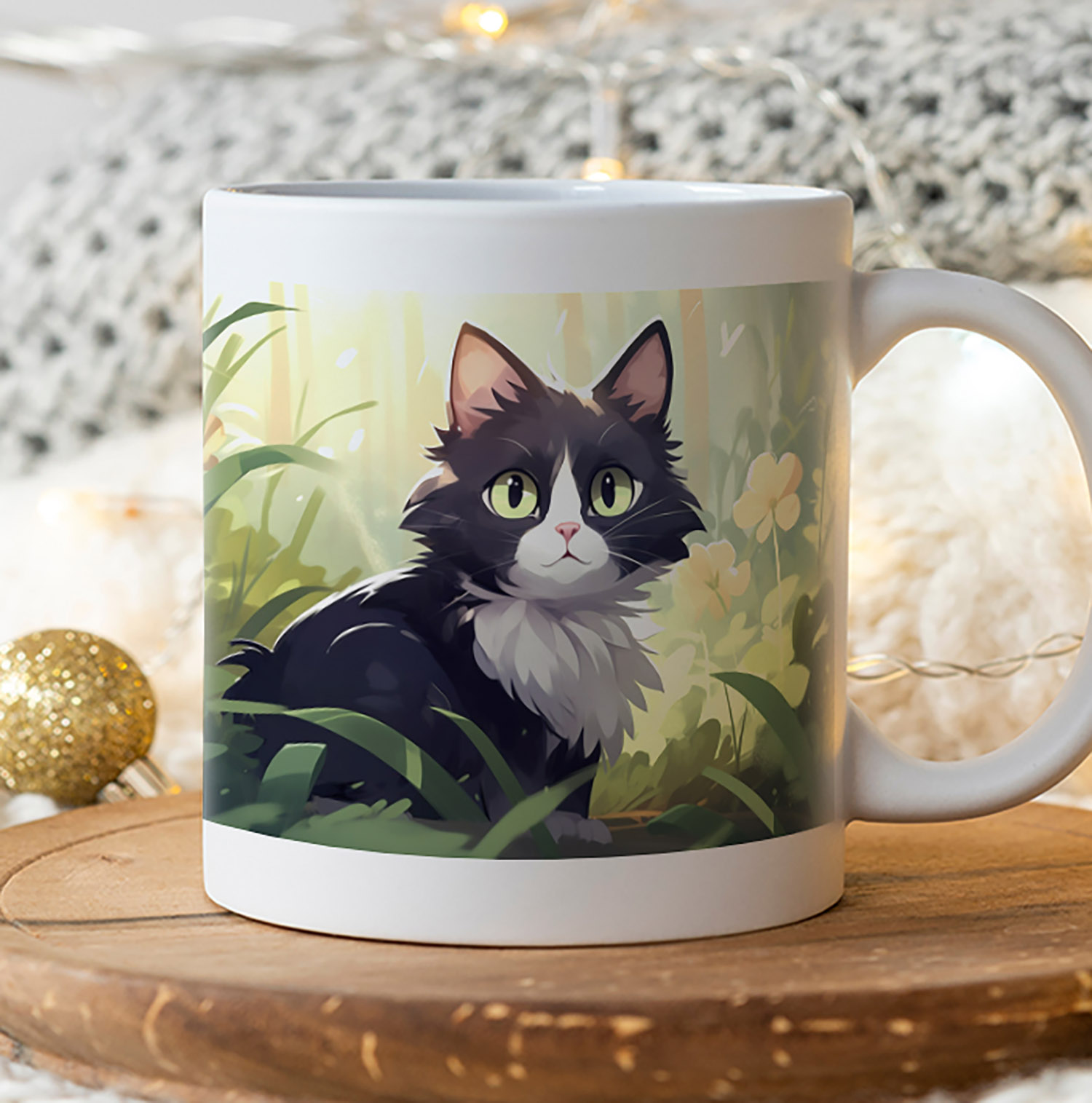 Charming Black & White Cat Mug for Garden Lovers - 11oz