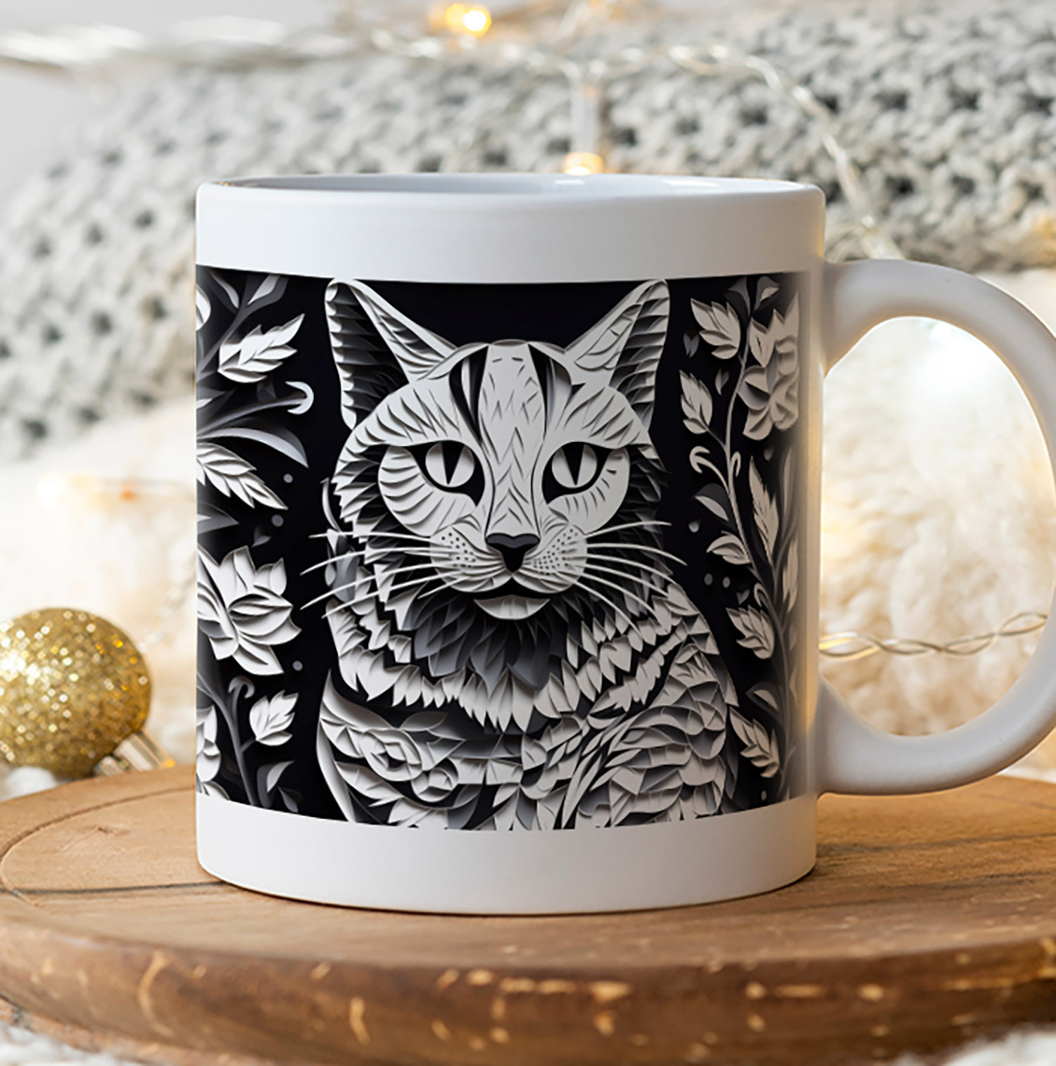 Monochrome Cat Mug - Elegant 11oz Ceramic for Cat Lovers