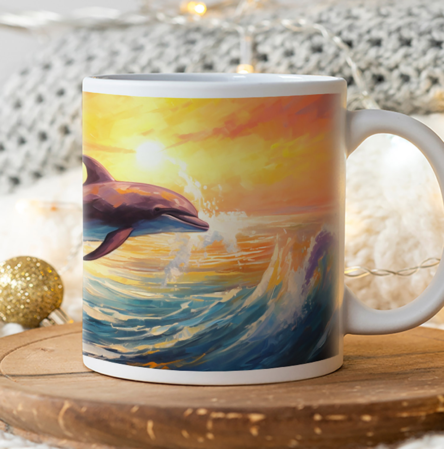 Dolphin Sunset Dreamscape Mug - 11oz Ceramic Gift for Ocean Lovers
