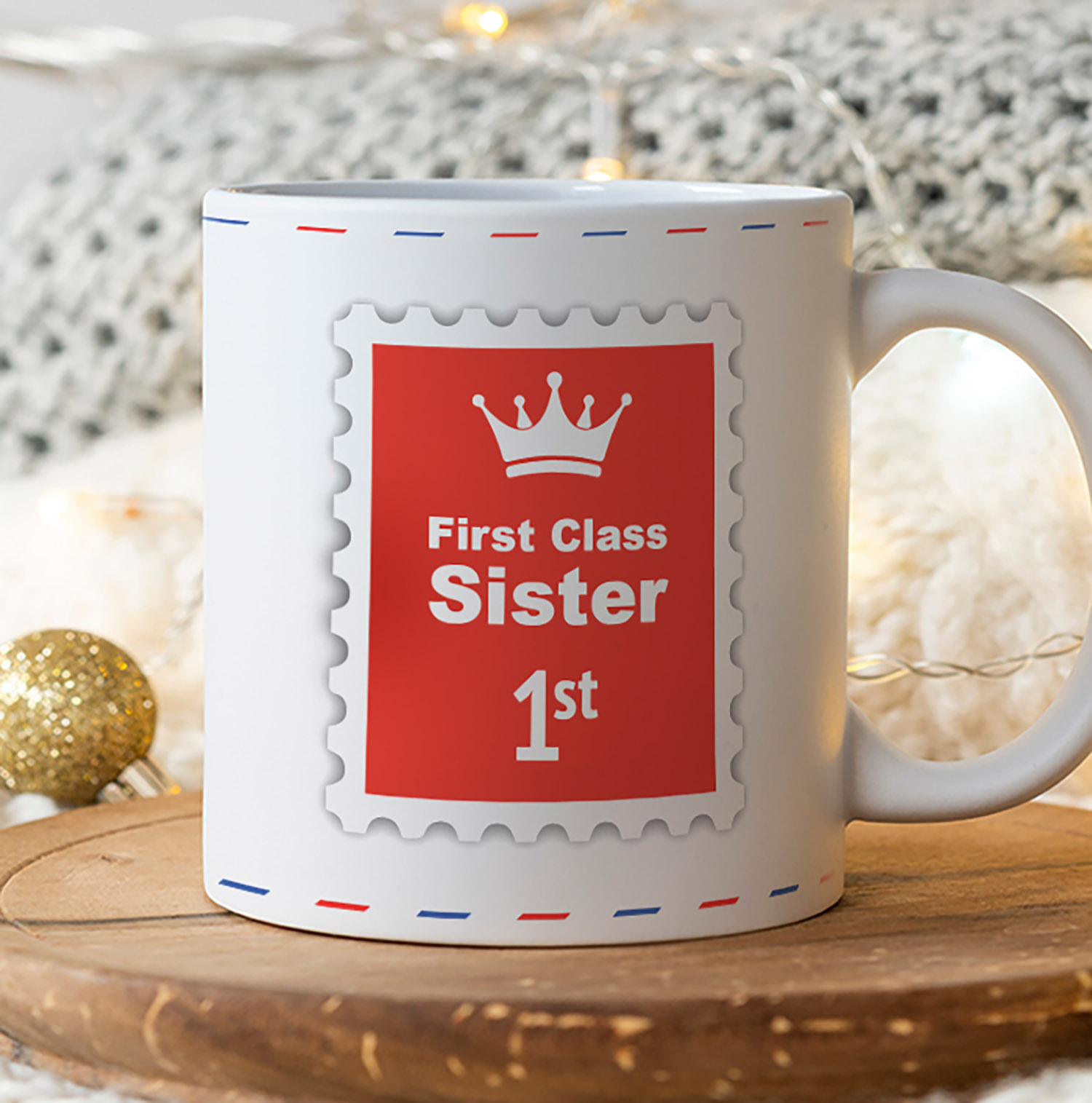 First Class Sister Mug - Unique Stamp Design Gift