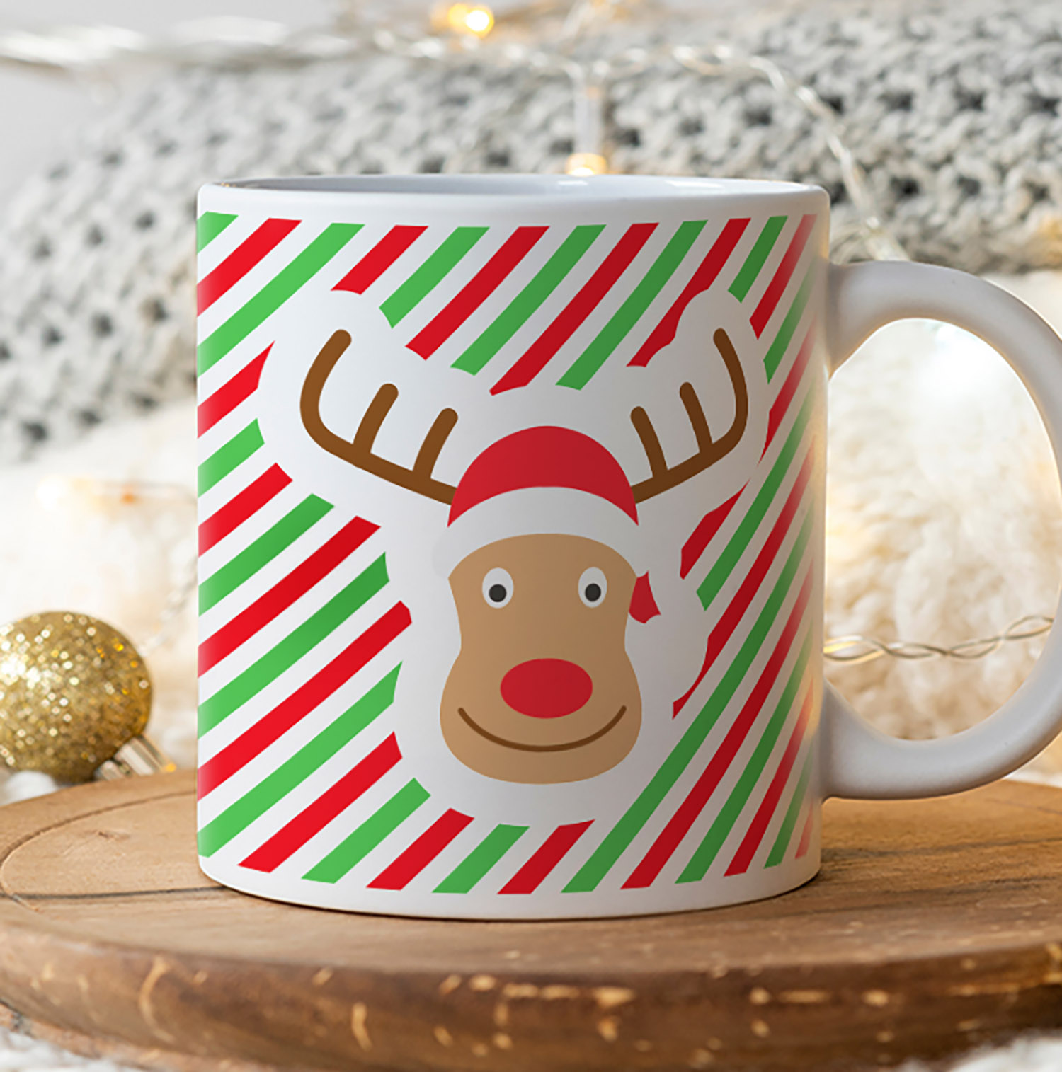 Festive Reindeer Mug - Green & Red Stripes for Holiday Cheer
