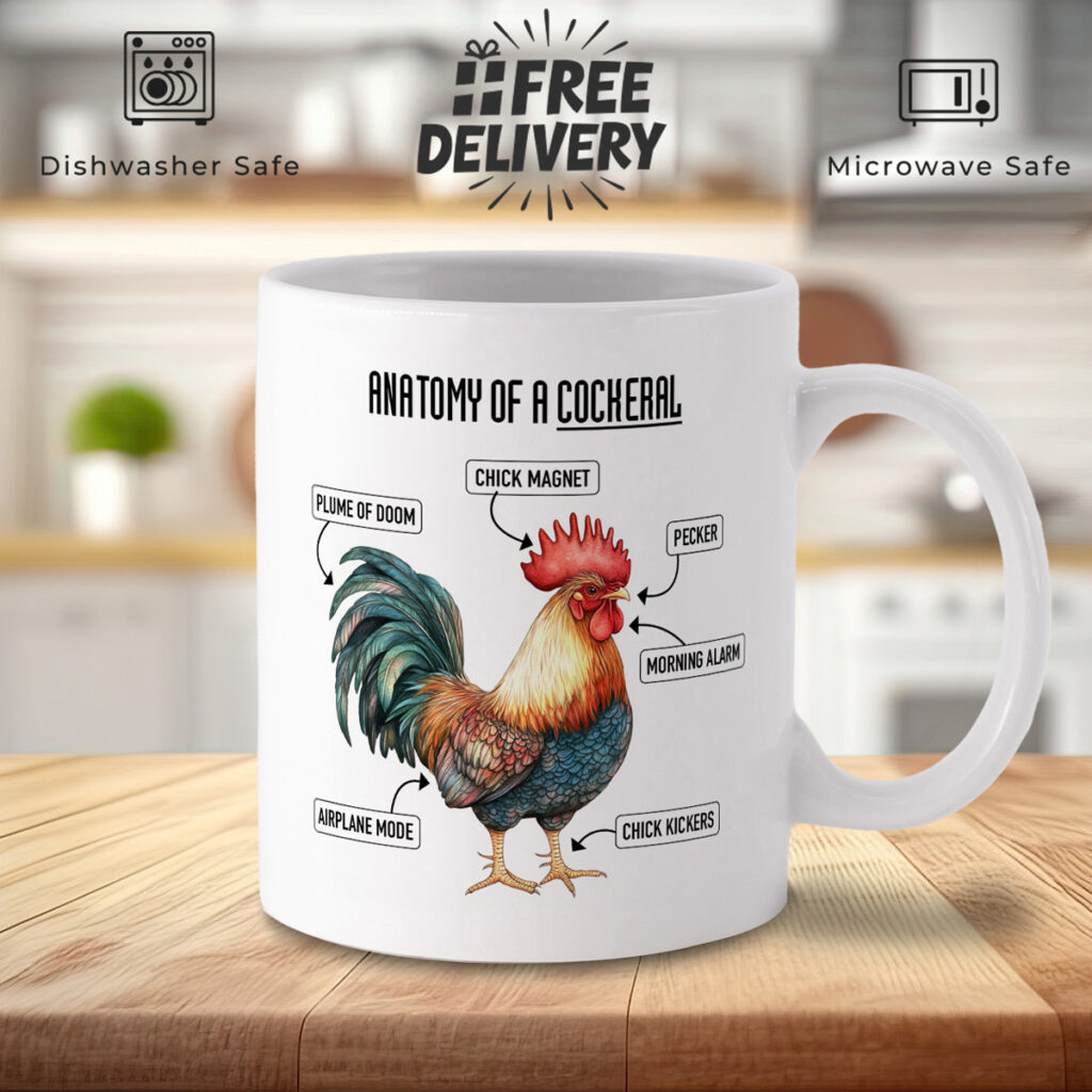 Humorous 'Anatomy of a Cockerel' White Coffee Mug