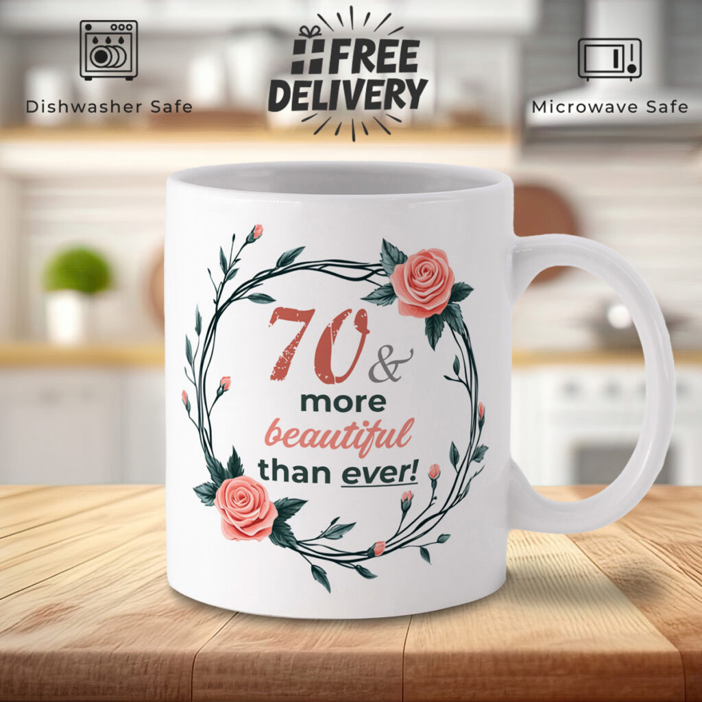 70th Birthday Floral Mug - Pink Roses & Green Leaves