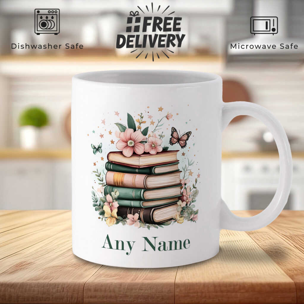 Customizable Book Lover Mug with Flowers & Butterflies