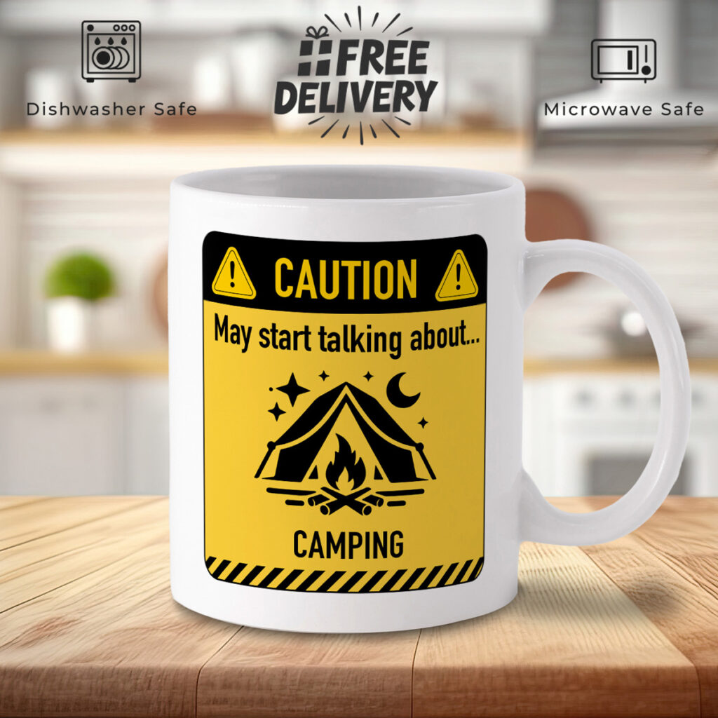 Caution Camping Talk Mug - Tent & Campfire Design