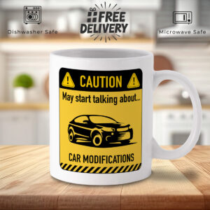 Car Modifications Caution Sign Mug - White with Yellow Design