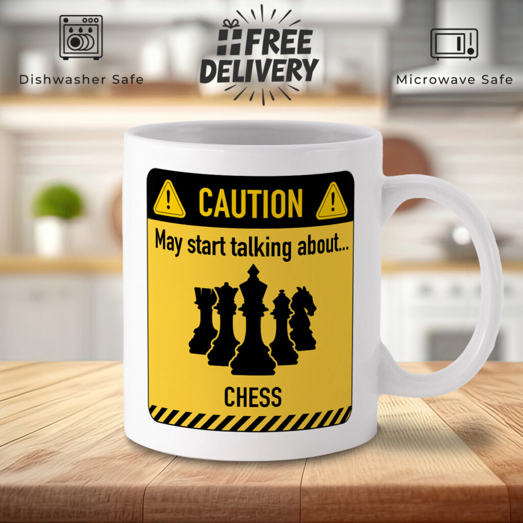 Chess Talk Caution Sign White Mug - Fun Gift for Chess Lovers