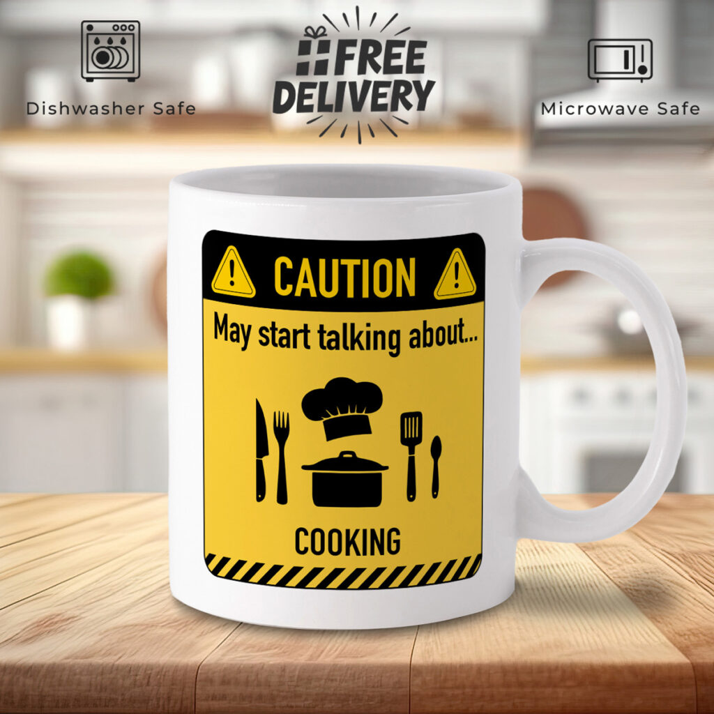 Caution Cooking Talk Mug - Fun Chef Gift with Warning Sign