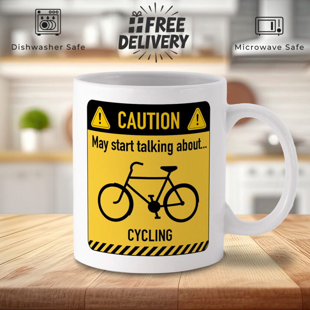 Cycling Caution Sign White Mug - Bicycle Talk Gift