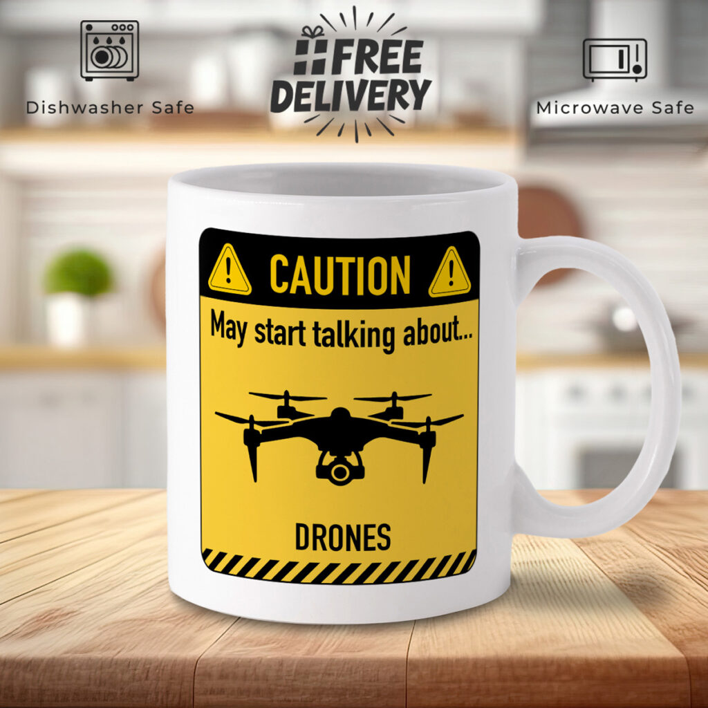 White Mug with Caution Sign - Drone Talk Warning