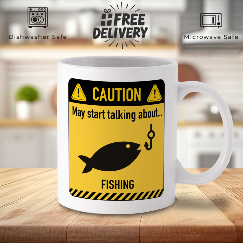 Fishing Caution Sign White Mug - Fun Gift for Anglers