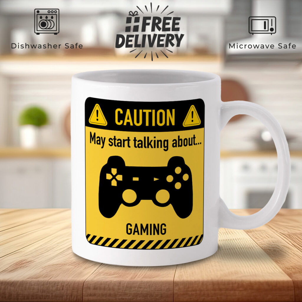 White Mug with Gaming Caution Sign - Game Controller Design