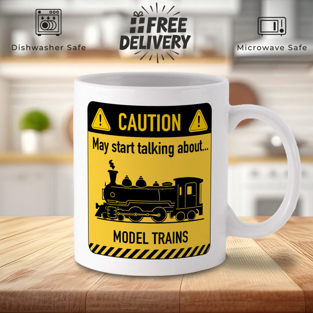 Model Train Warning Sign Mug - White, Yellow & Black Design