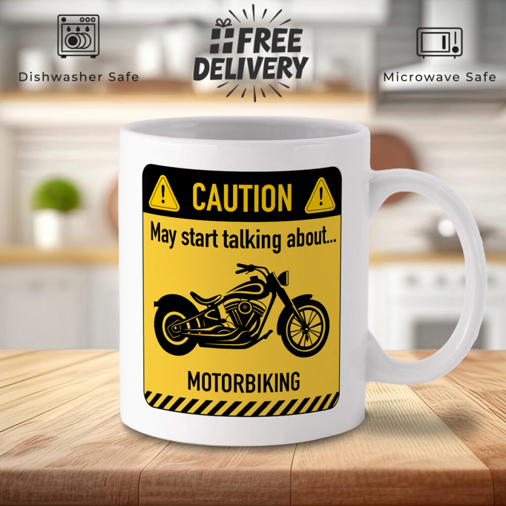 Motorbike Caution Sign White Mug - Talk Motorbiking Alert