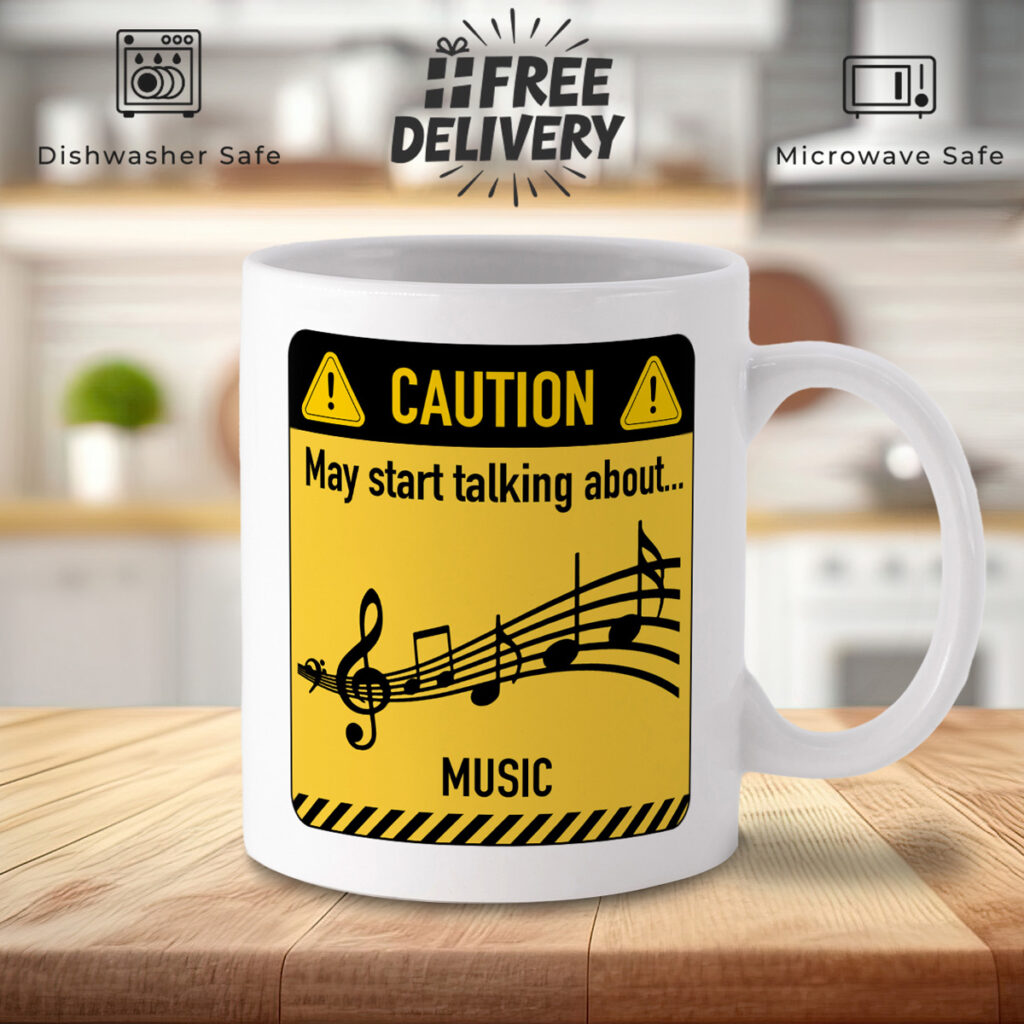 White Mug with Caution Sign & Music Notes Design