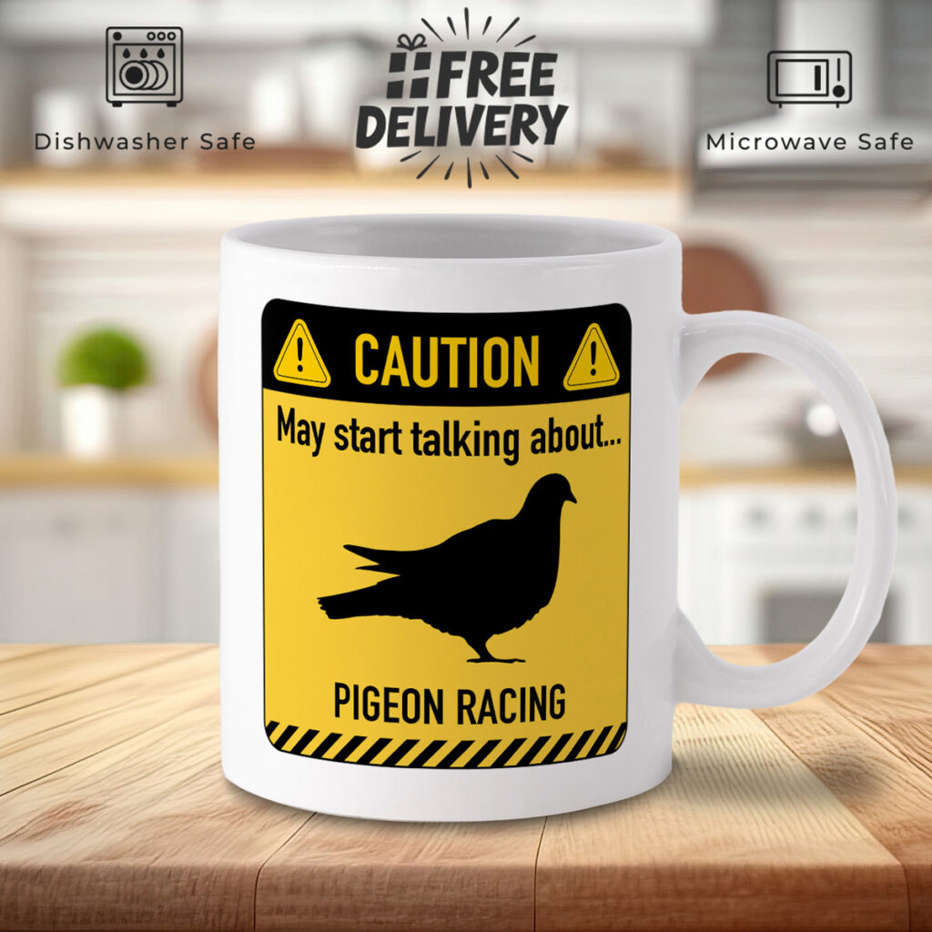 Pigeon Racing Mug - Funny Caution Sign Design