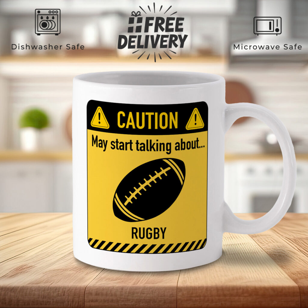 Rugby Caution Sign White Mug - Fun Sports Gift
