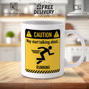 Funny Running Mug - Caution Sign Design, White Ceramic