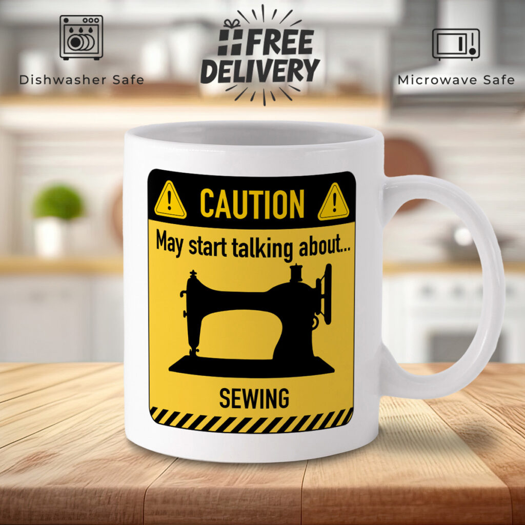 Caution Sewing Mug - White with Yellow Warning Design