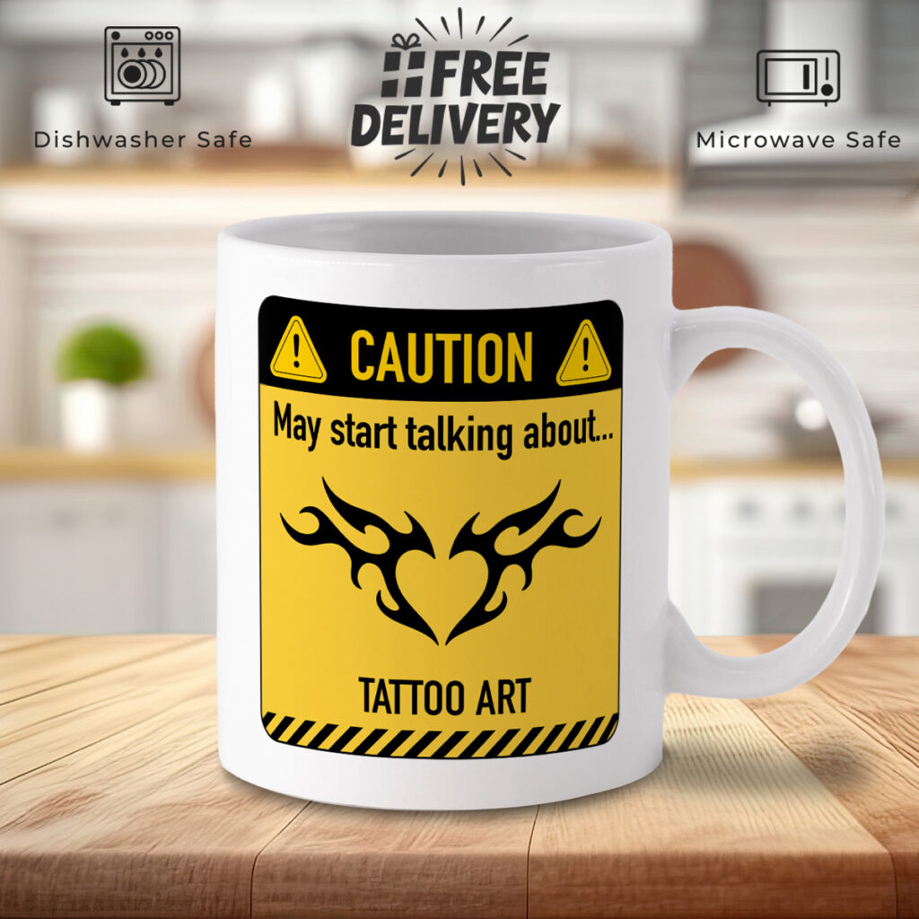 White Mug with Tattoo Art Caution Sign Design