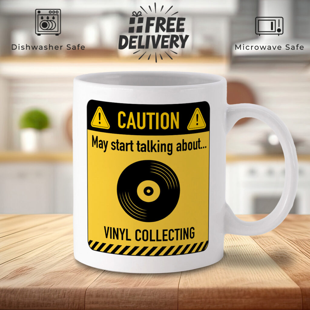 White Mug with Vinyl Collecting Caution Sign Design