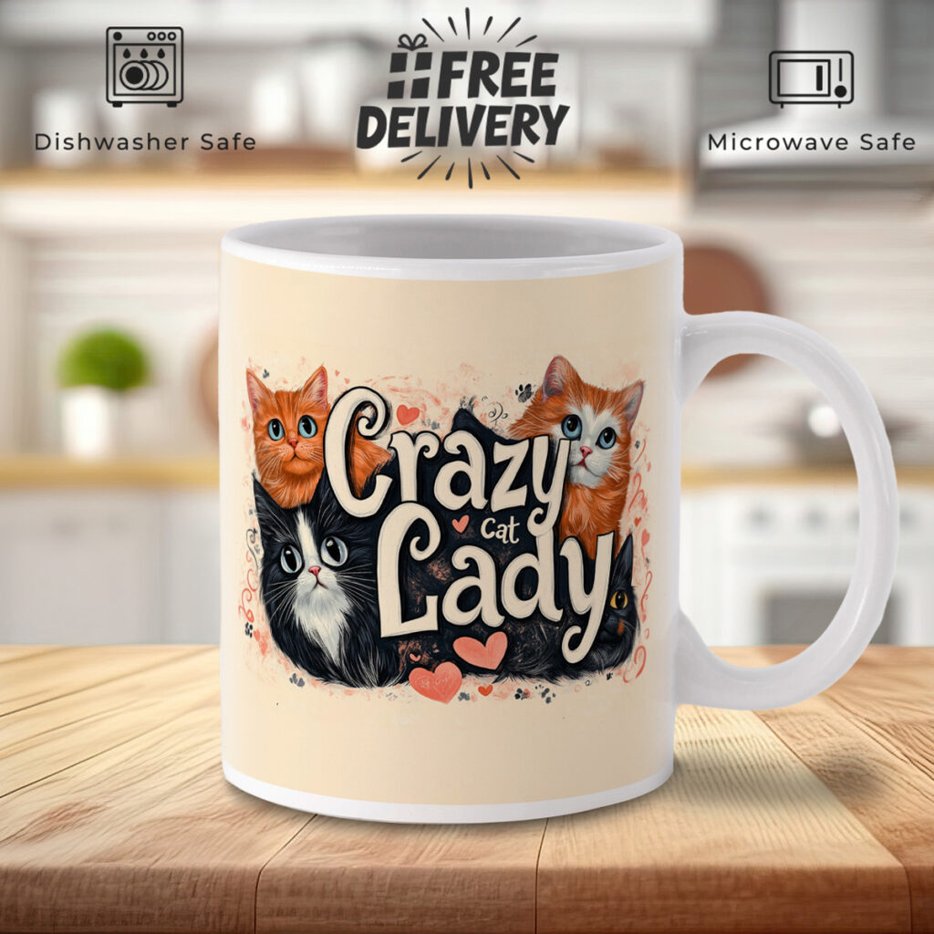 Crazy Cat Lady Ceramic Mug with Cat Illustrations