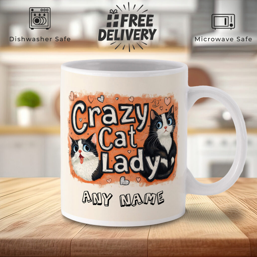 Custom Crazy Cat Lady Mug with Cats & Hearts Design