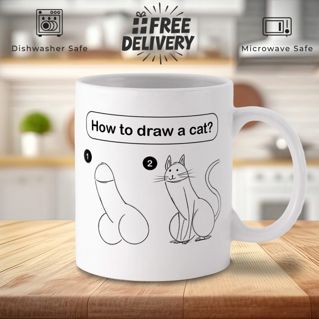 Funny Cat Drawing Mug - Step-by-Step Illustration