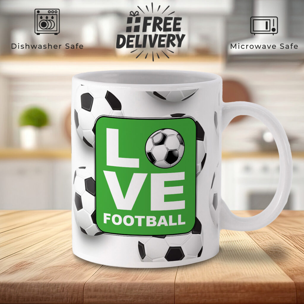 Soccer Ball LOVE Mug - White with Green Accent Design