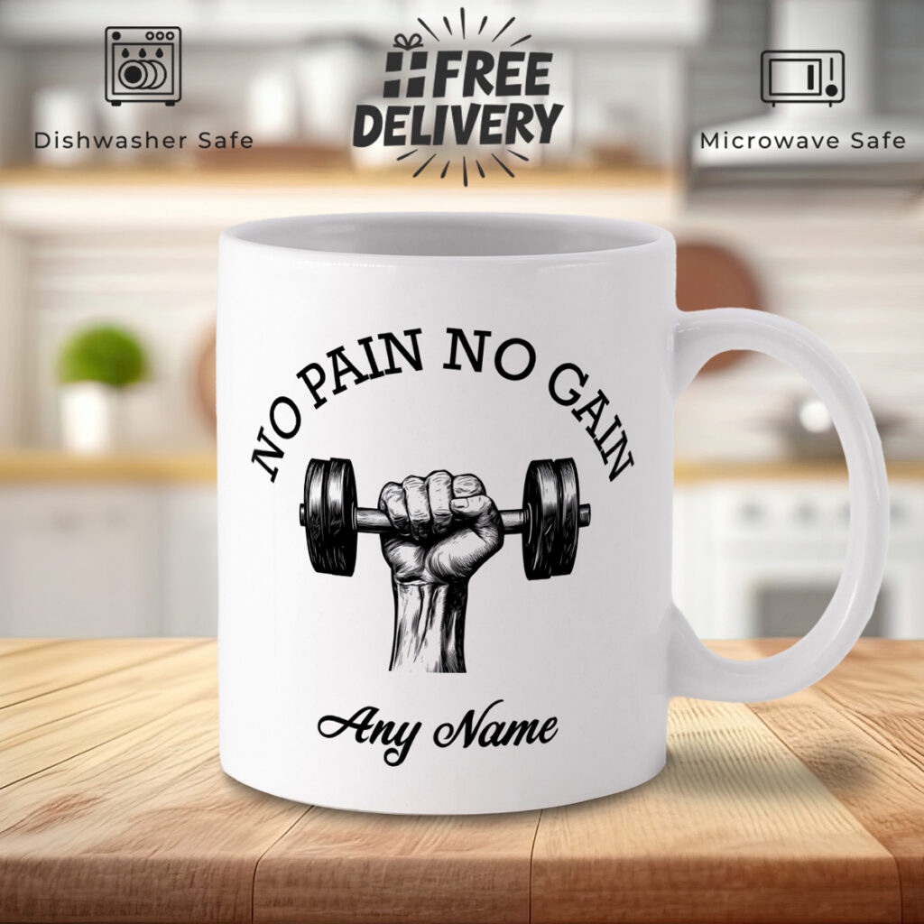 Personalized "No Pain No Gain" Dumbbell Mug - Custom Name