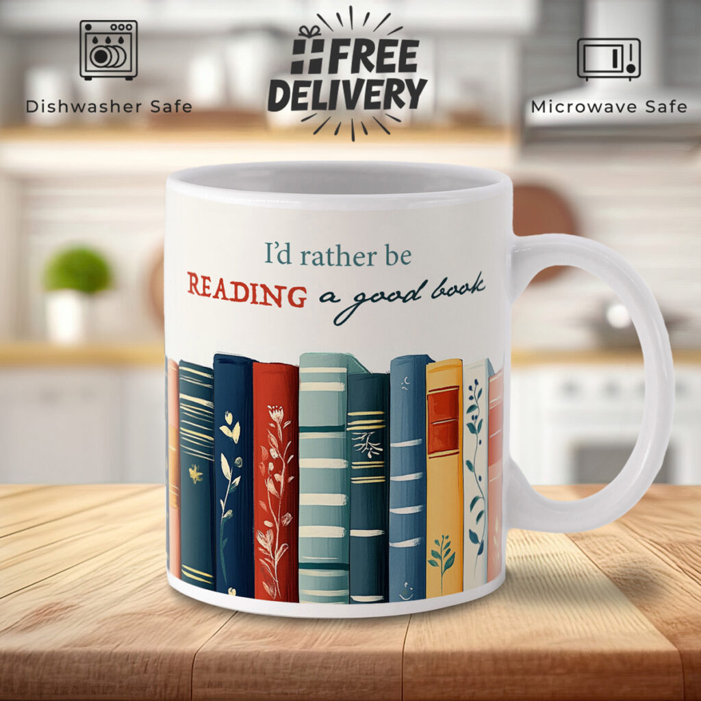 White Mug with Colorful Books - 'I'd Rather Be Reading'