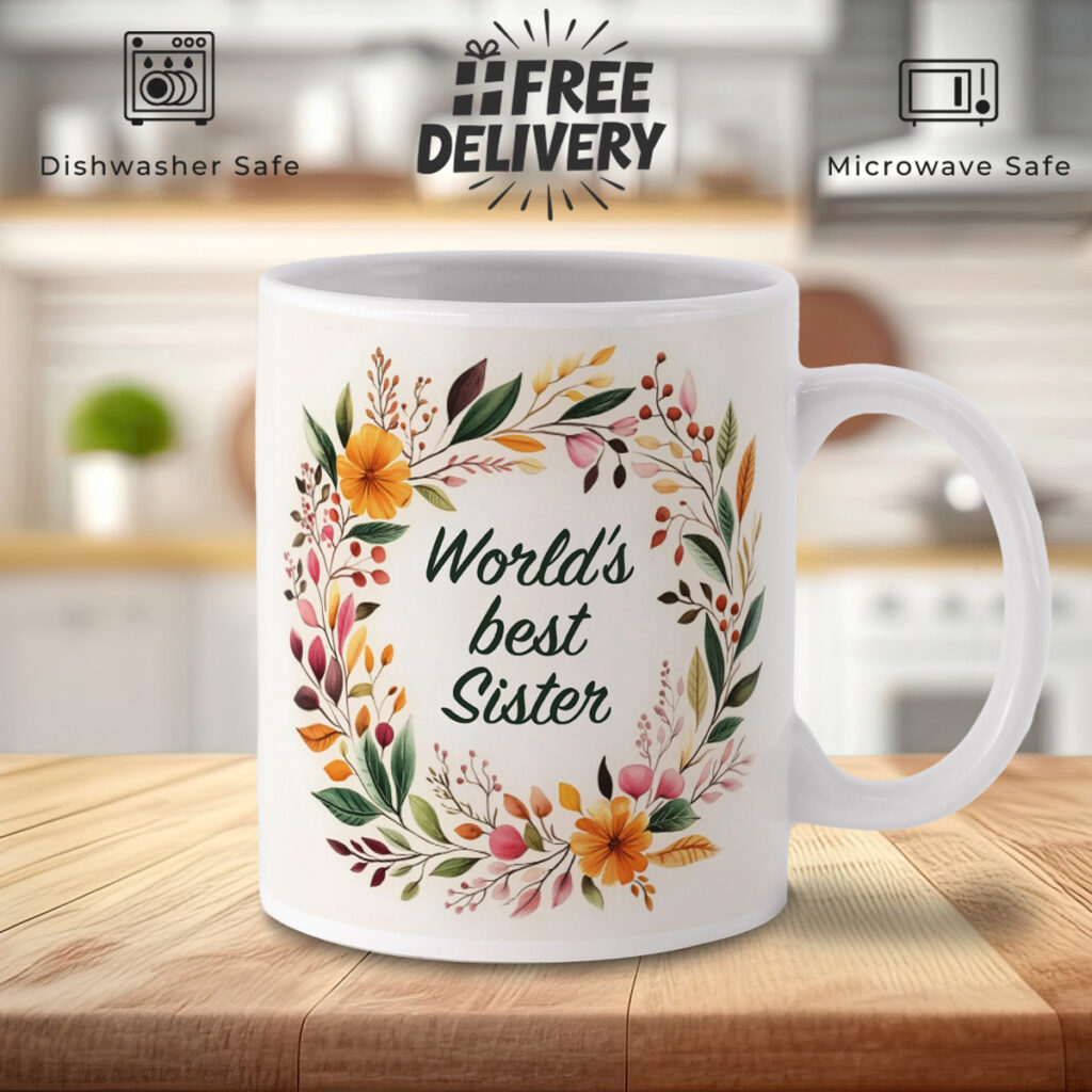 World's Best Sister Floral Wreath White Mug
