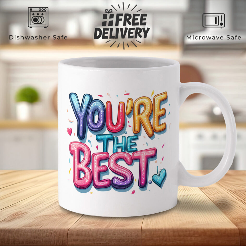 White Mug with 'YOU'RE THE BEST' Colorful Text & Hearts