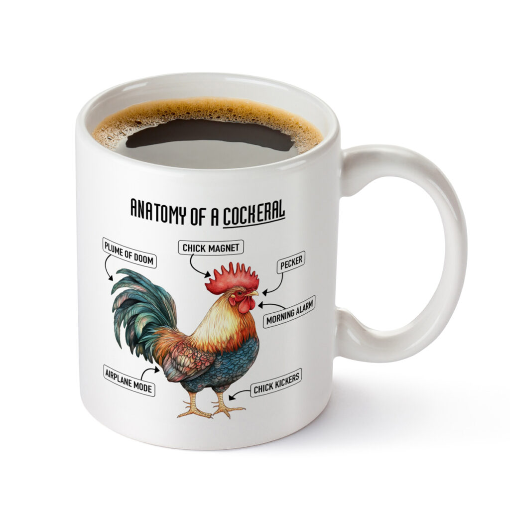 Humorous 'Anatomy of a Cockerel' White Coffee Mug