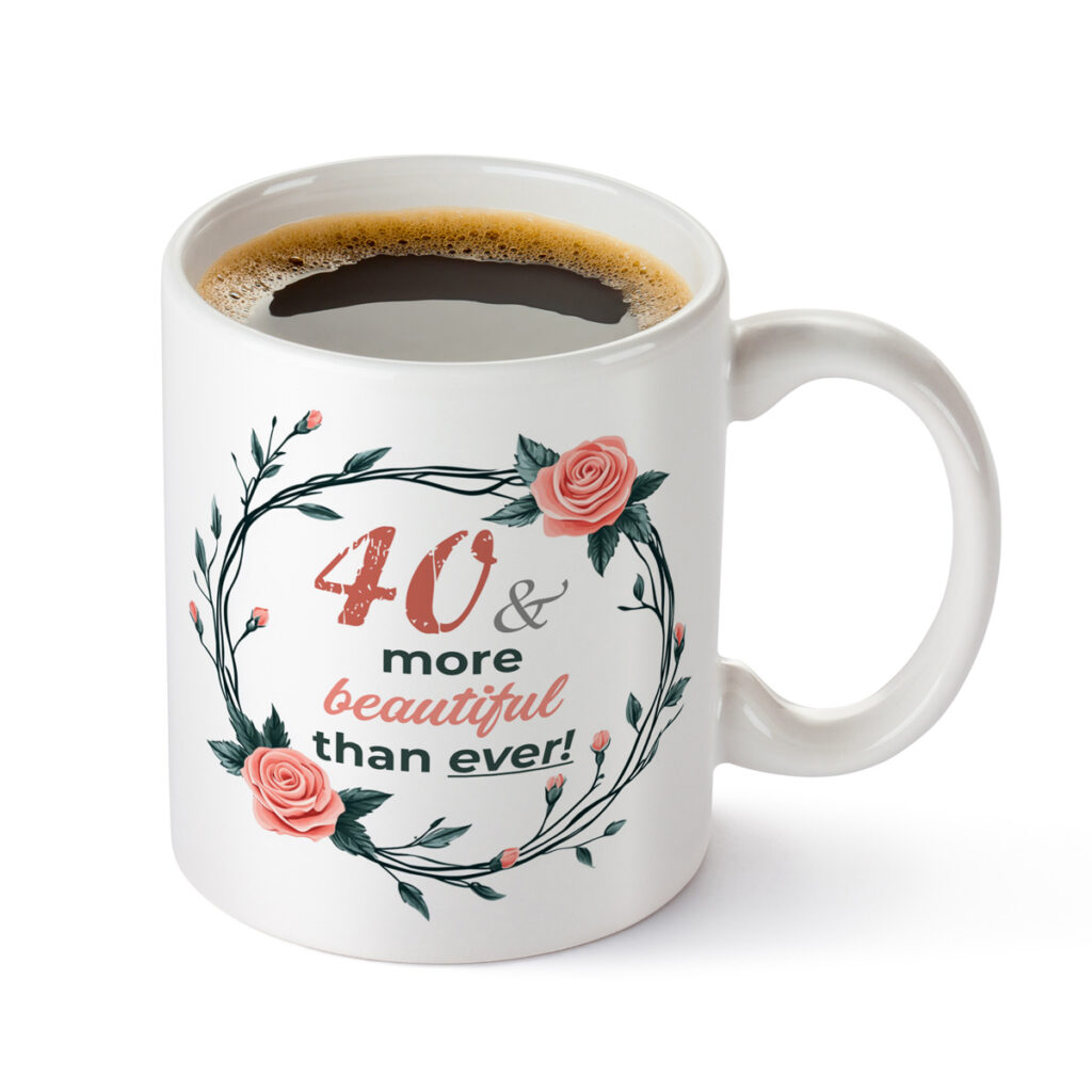 40th Birthday Floral Mug - Pink Roses & Green Leaves