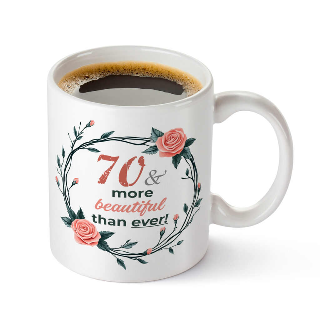70th Birthday Floral Mug - Pink Roses & Green Leaves