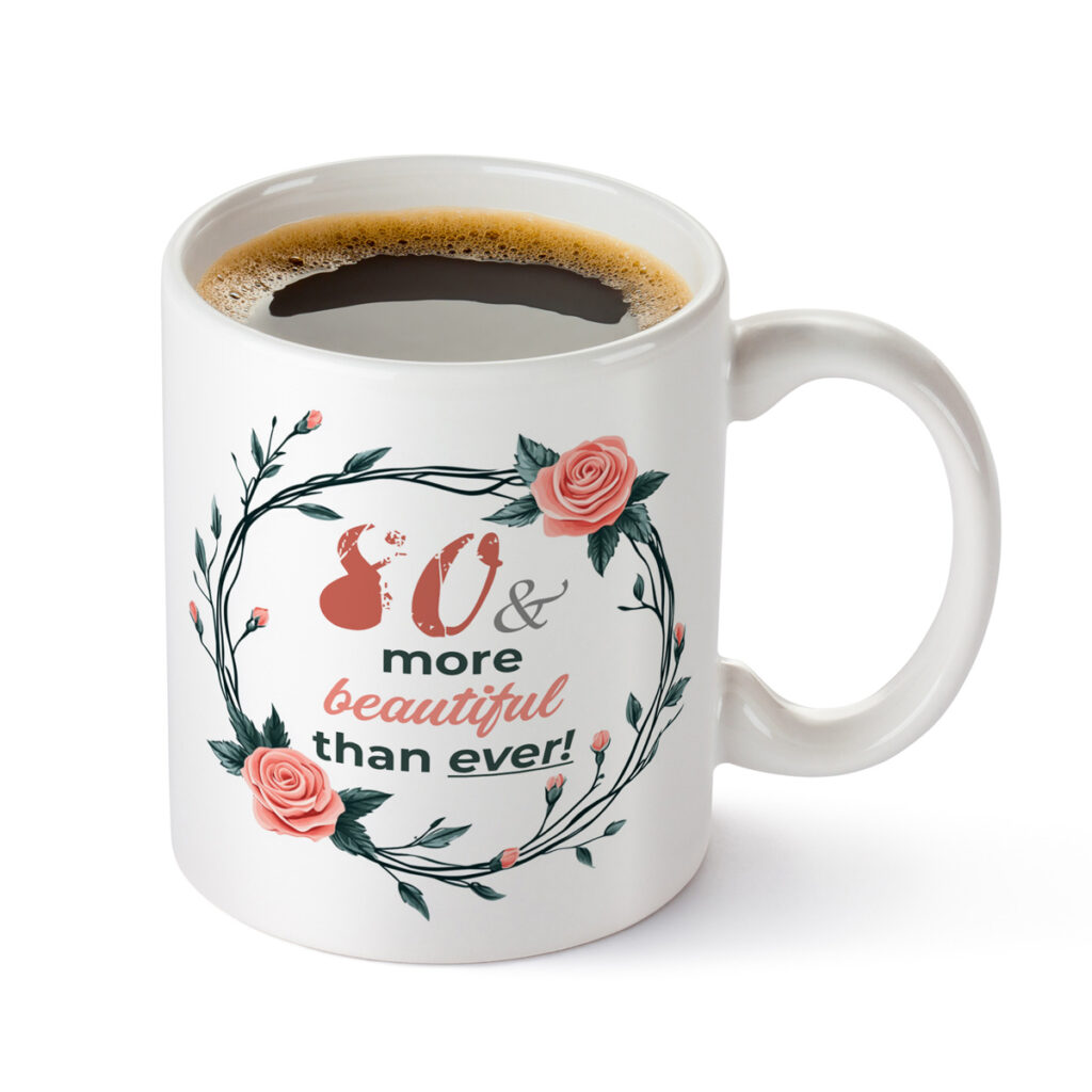 80th Birthday Floral Mug - Pink Roses & Green Leaves