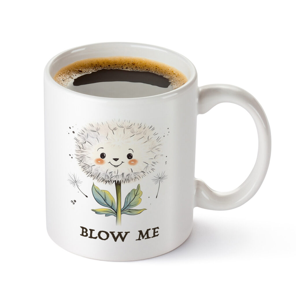 White Mug with Cute Dandelion 'Blow Me' Design