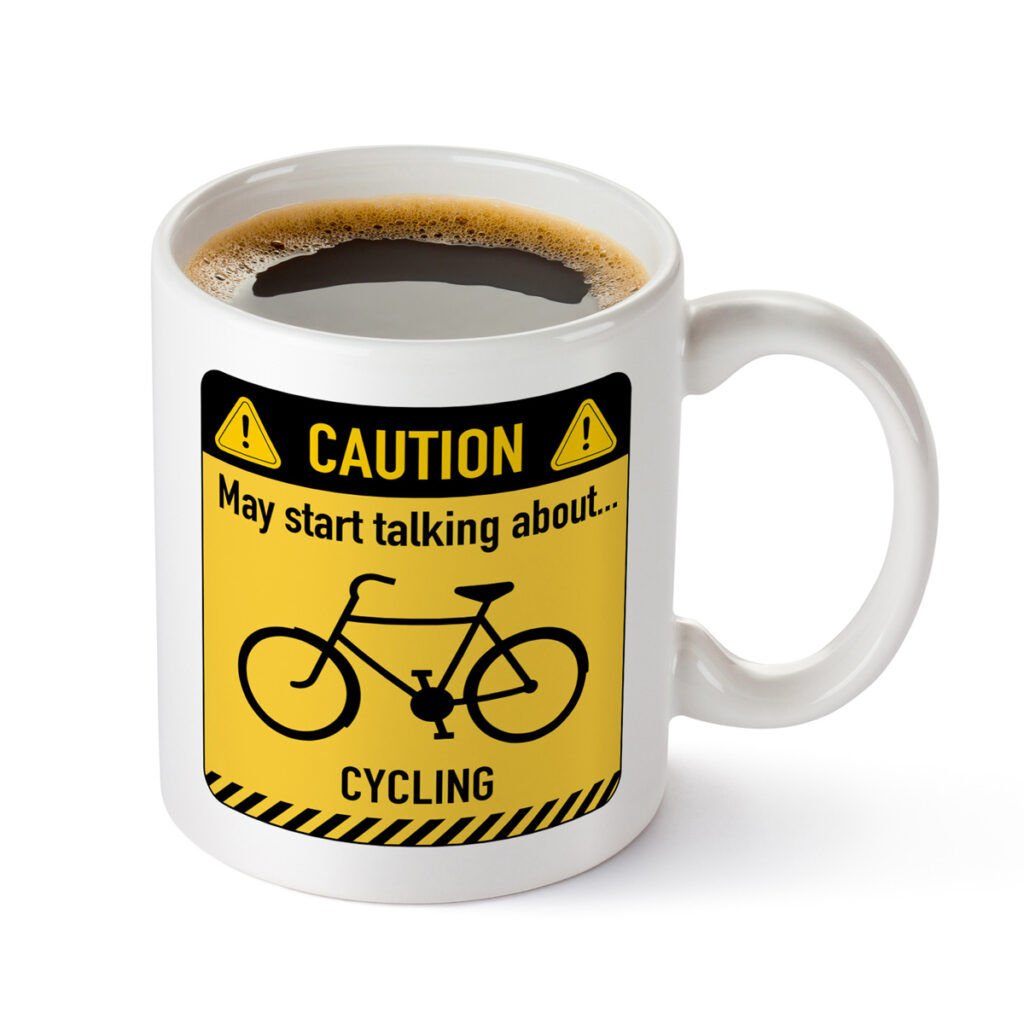 Cycling Caution Sign White Mug - Bicycle Talk Gift