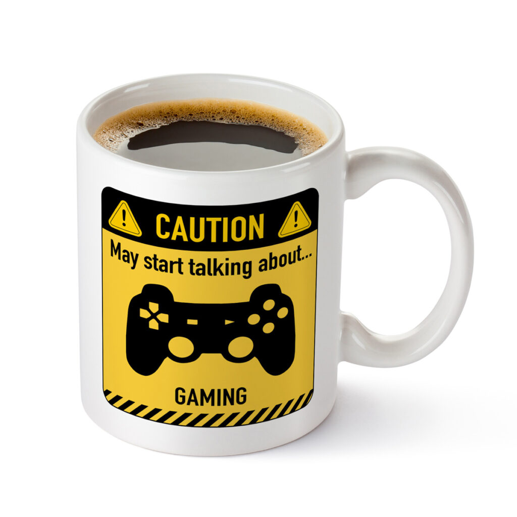 White Mug with Gaming Caution Sign - Game Controller Design