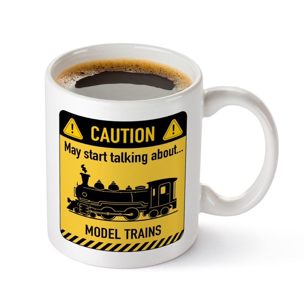 Model Train Warning Sign Mug - White, Yellow & Black Design
