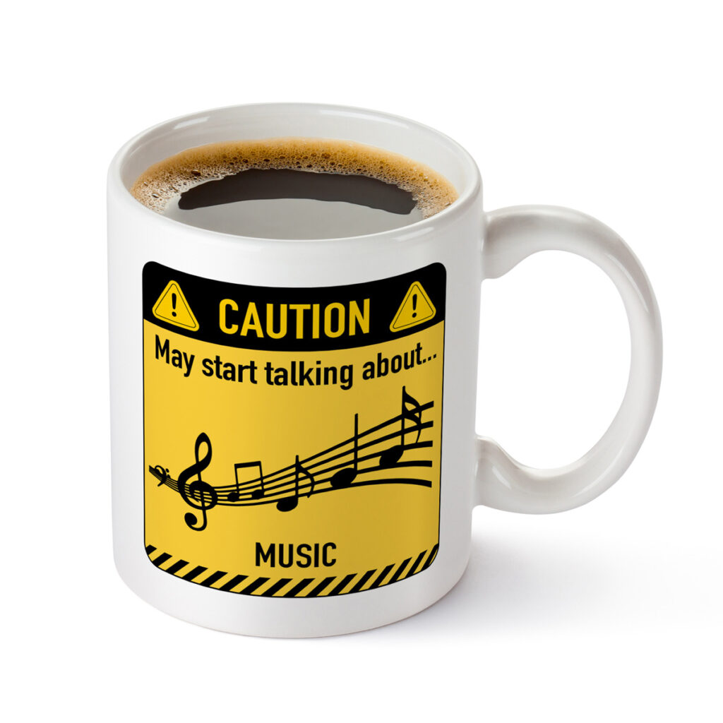 White Mug with Caution Sign & Music Notes Design